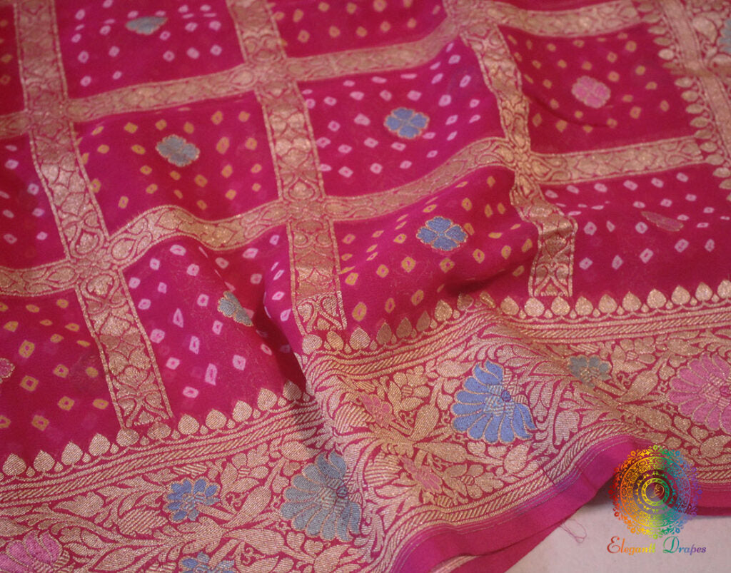 Pink Pure Banarasi Georgette Meenakari Bandhani Saree | Elegantt Drapes