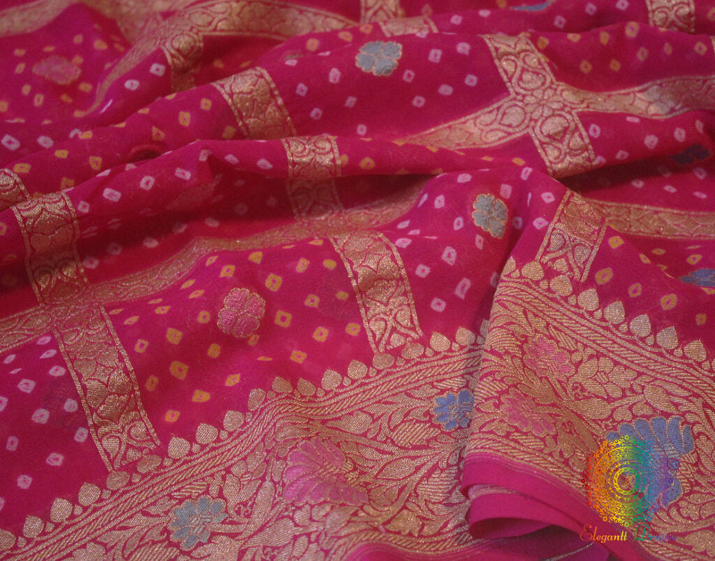 Pink Pure Banarasi Georgette Meenakari Bandhani Saree | Elegantt Drapes