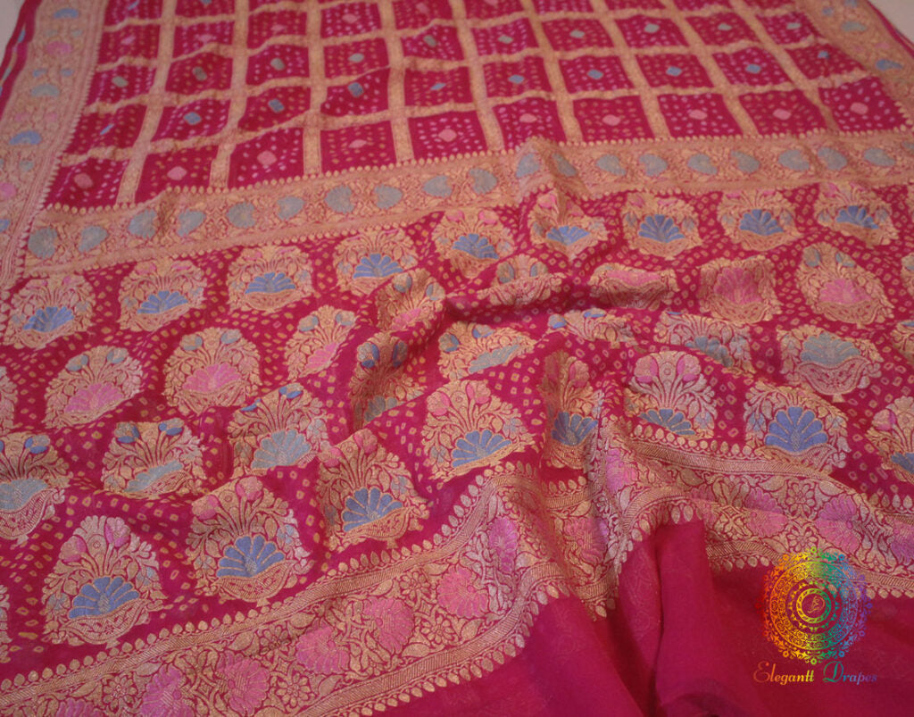 Pink Pure Banarasi Georgette Meenakari Bandhani Saree | Elegantt Drapes