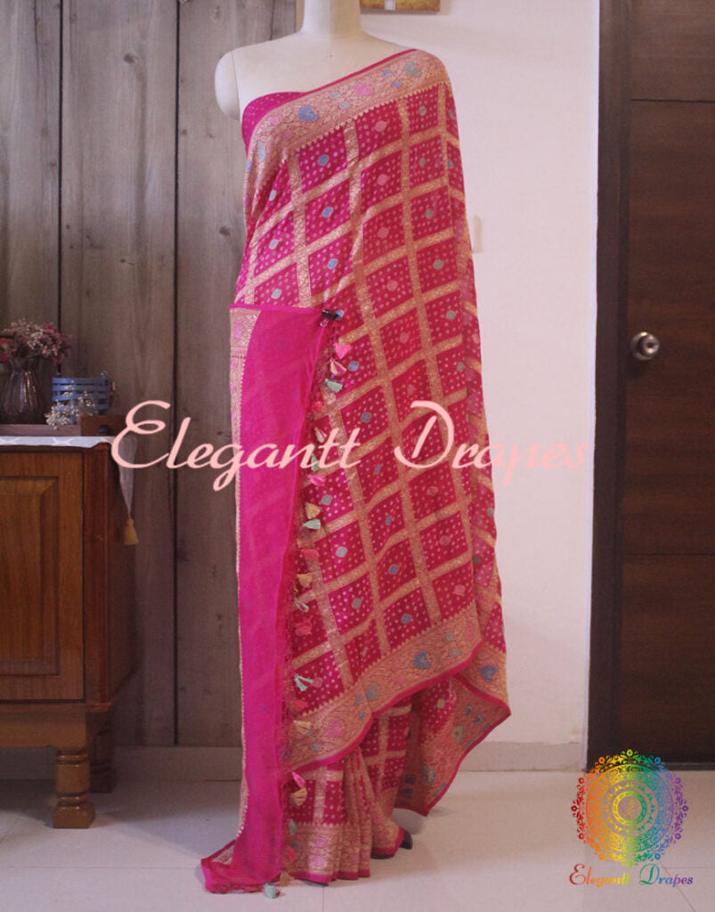 Pink Pure Banarasi Georgette Meenakari Bandhani Saree | Elegantt Drapes
