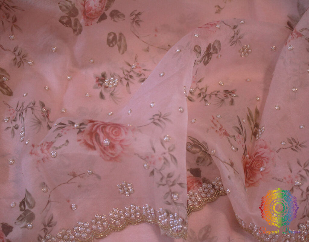 Pink Pure Handloom Organza Digital Print Saree – Handloom Saree Online India | Elegantt Drapes