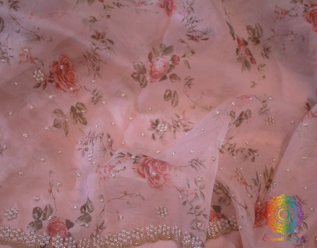 Pink Pure Handloom Organza Digital Print Saree – Handloom Saree Online India | Elegantt Drapes