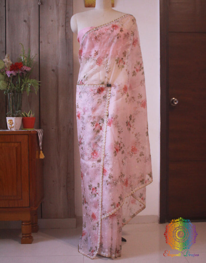 Pink Pure Handloom Organza Digital Print Saree – Handloom Saree Online India | Elegantt Drapes