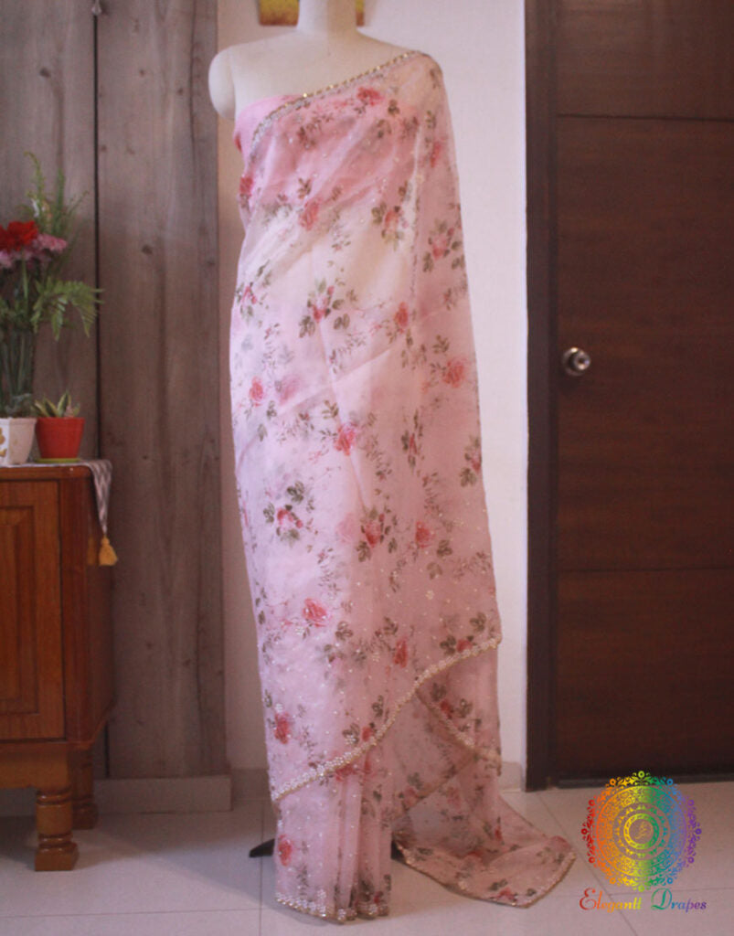 Pink Pure Handloom Organza Digital Print Saree – Handloom Saree Online India | Elegantt Drapes