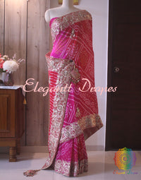 Red Pink Shaded Gota Patti Handwork Pure Rai Bandhej Saree