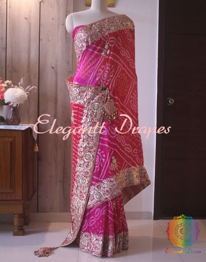 Red Pink Shaded Gota Patti Handwork Pure Rai Bandhej Saree