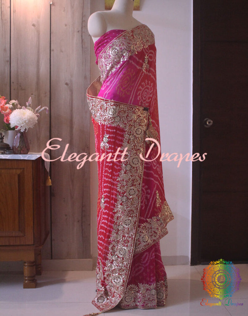 Red Pink Shaded Gota Patti Handwork Pure Rai Bandhej Saree