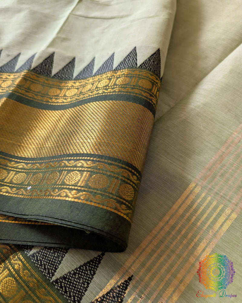 Mint green Kanchi cotton saree border close up highlighting woven detailing and texture