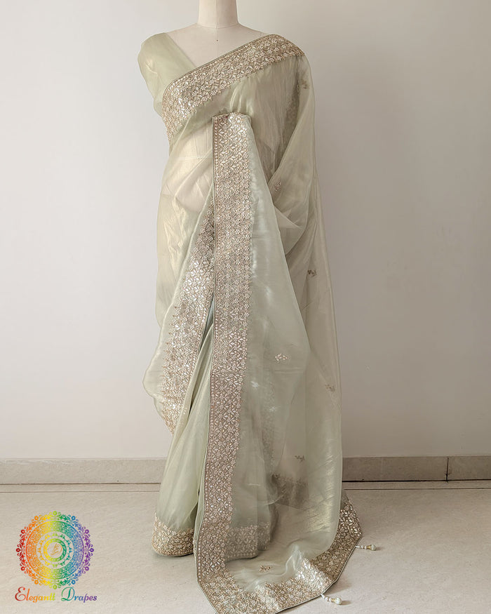 Pista Green Tissue Organza Gota Patti Saree