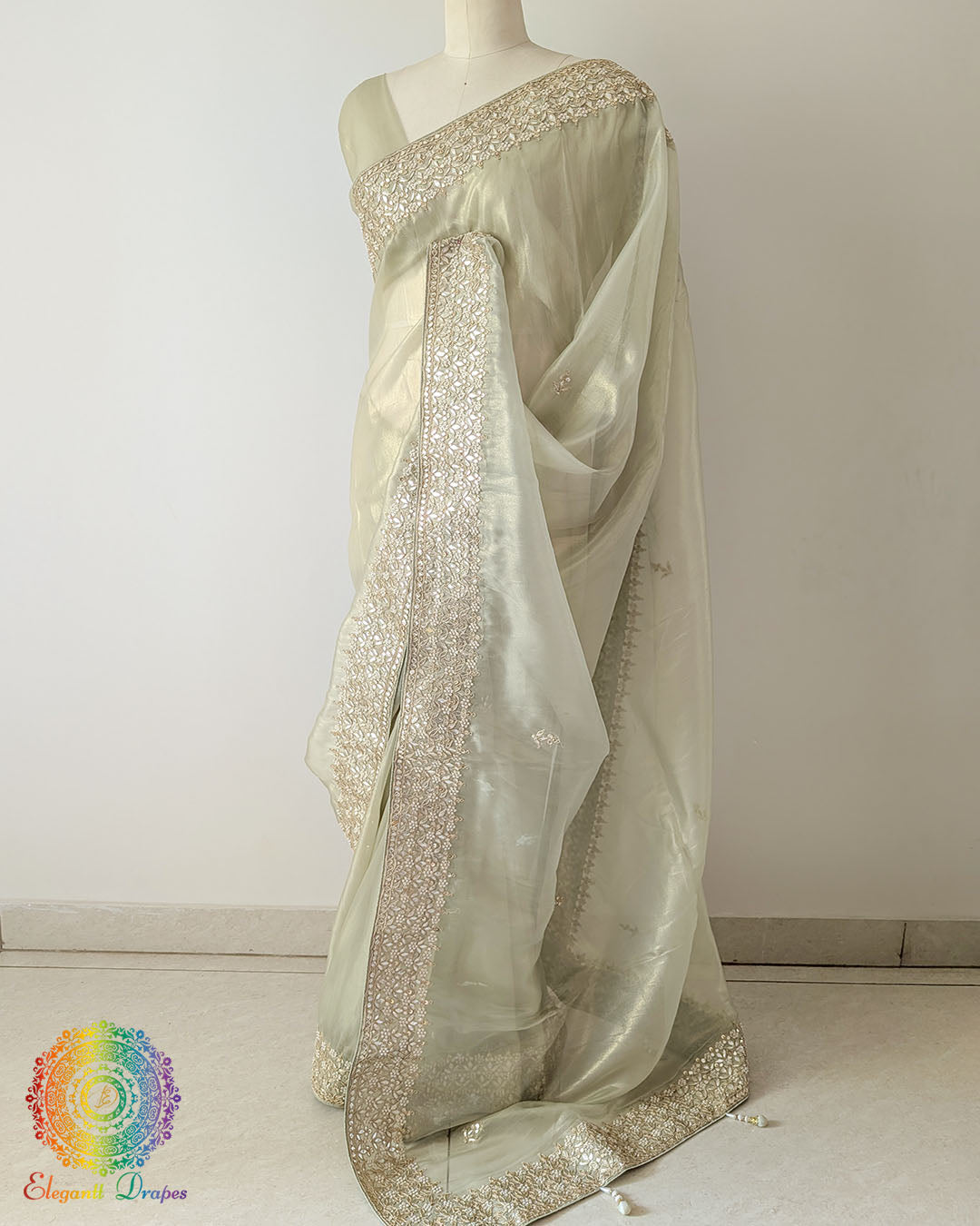 Pista Green Tissue Organza Gota Patti Saree