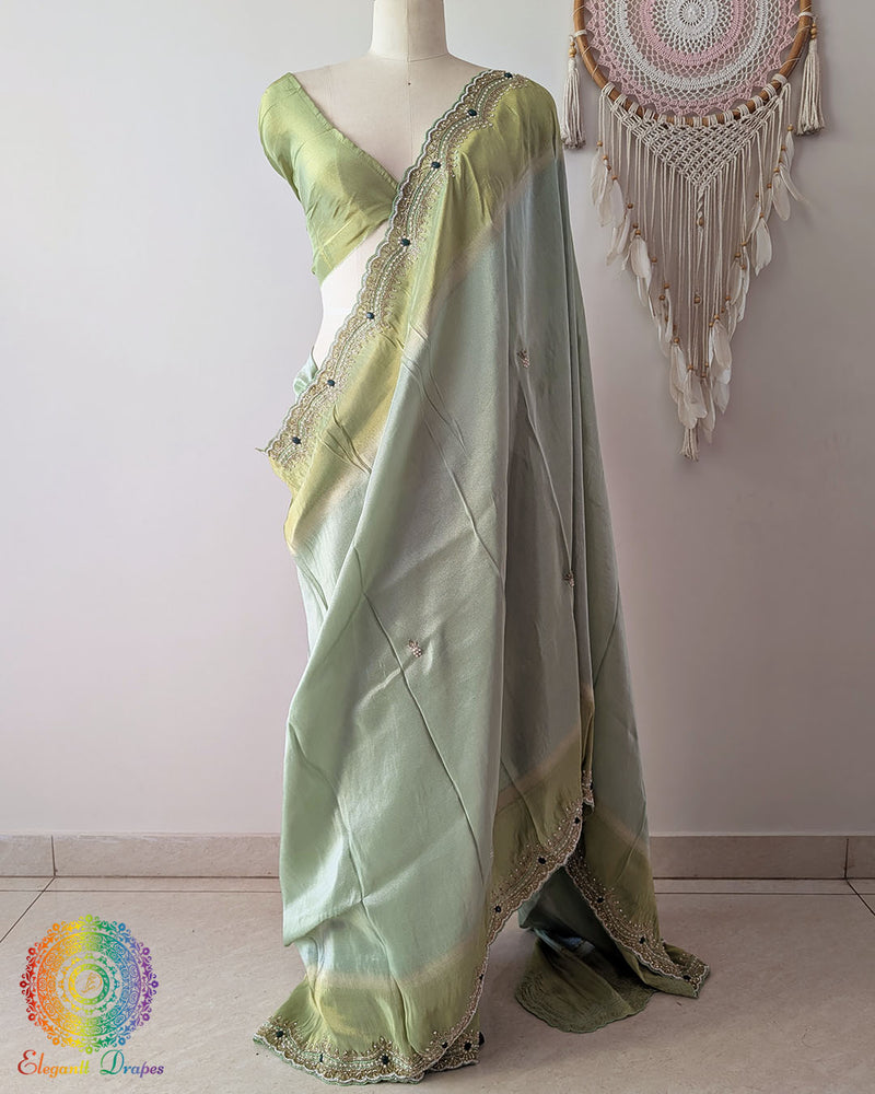 Pastel Green Soft Tissue Silk Saree with Cutdana Handwork full view