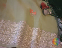 Pistachio Green Banarasi Khaddi Georgete Meenakari Saree | Elegantt Drapes