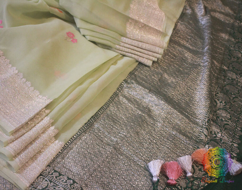 Pistachio Green Banarasi Khaddi Georgete Meenakari Saree | Elegantt Drapes