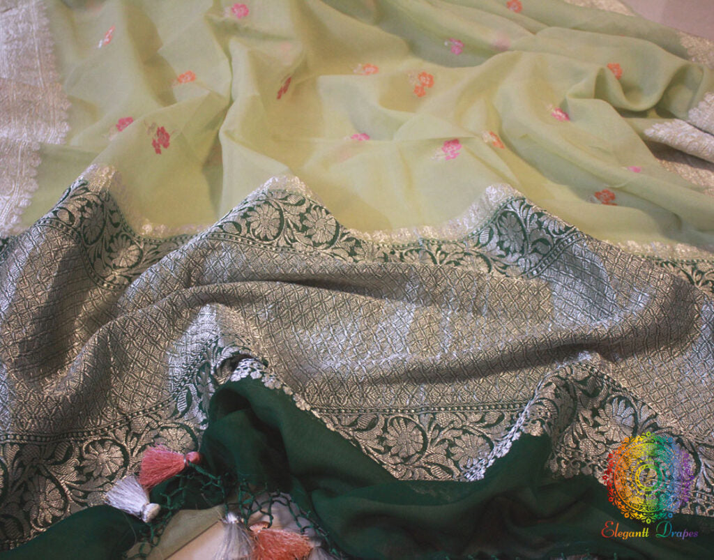 Pistachio Green Banarasi Khaddi Georgete Meenakari Saree | Elegantt Drapes