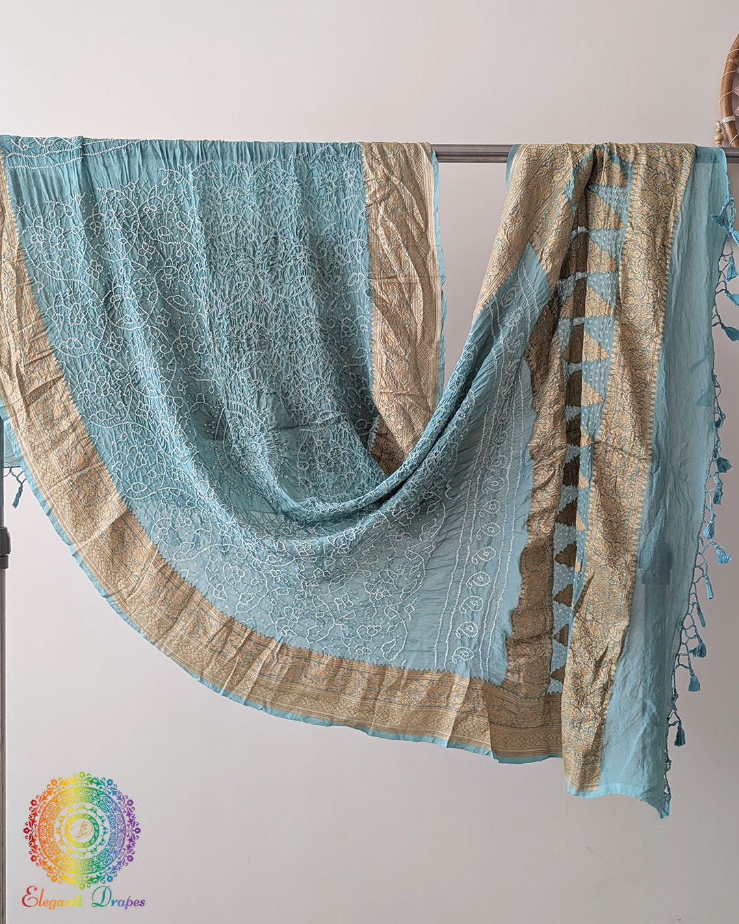 Powder Blue Banarasi Khaddi Georgette Rai Bandhej Dupatta full view