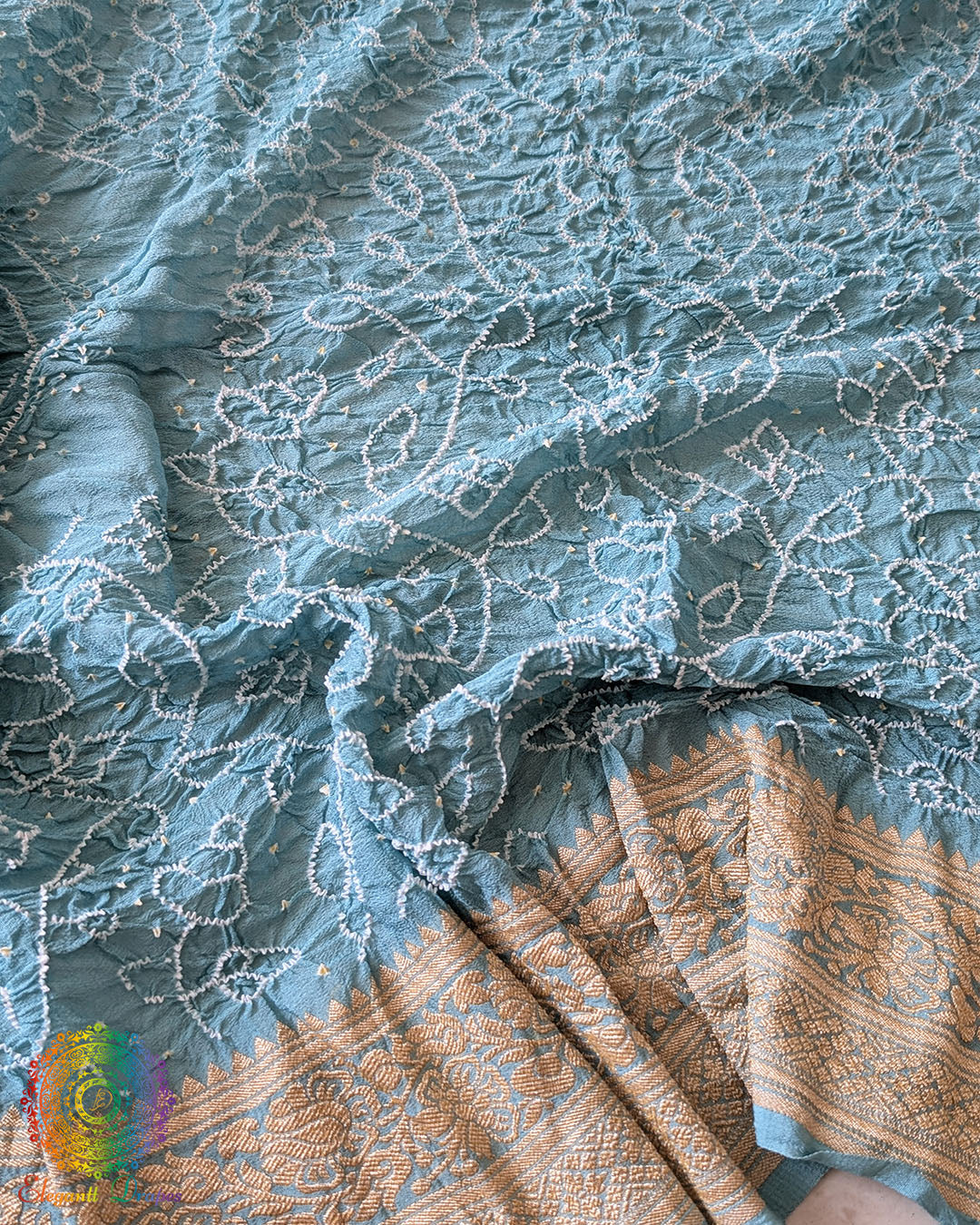 Close-up of Rai Bandhej detailing on Powder Blue Banarasi Khaddi Georgette Dupatta