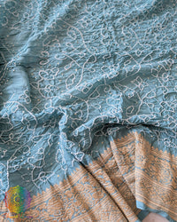 Close-up of Rai Bandhej detailing on Powder Blue Banarasi Khaddi Georgette Dupatta