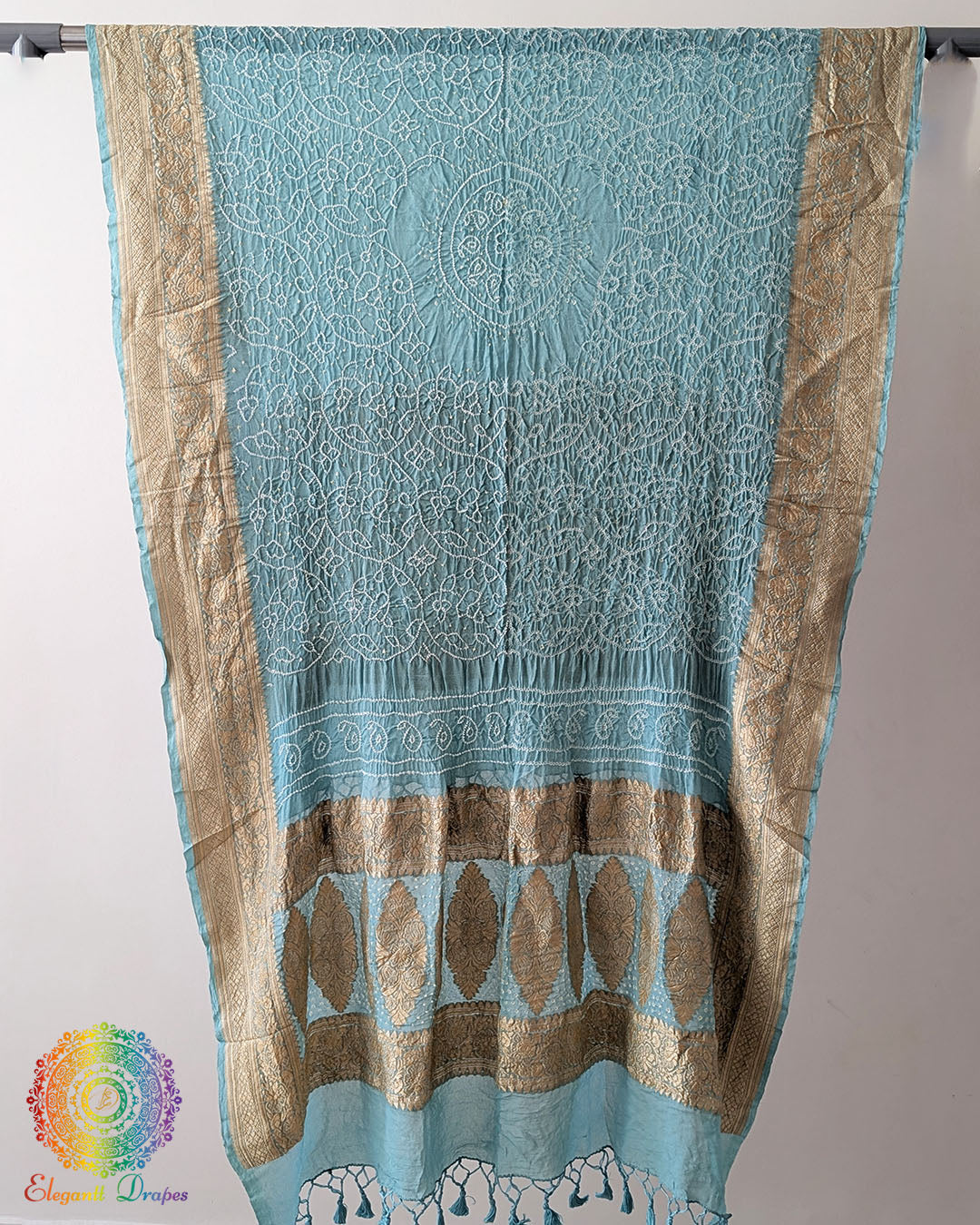 Powder Blue Rai Bandhej Dupatta with Banarasi Khaddi Georgette weave full view