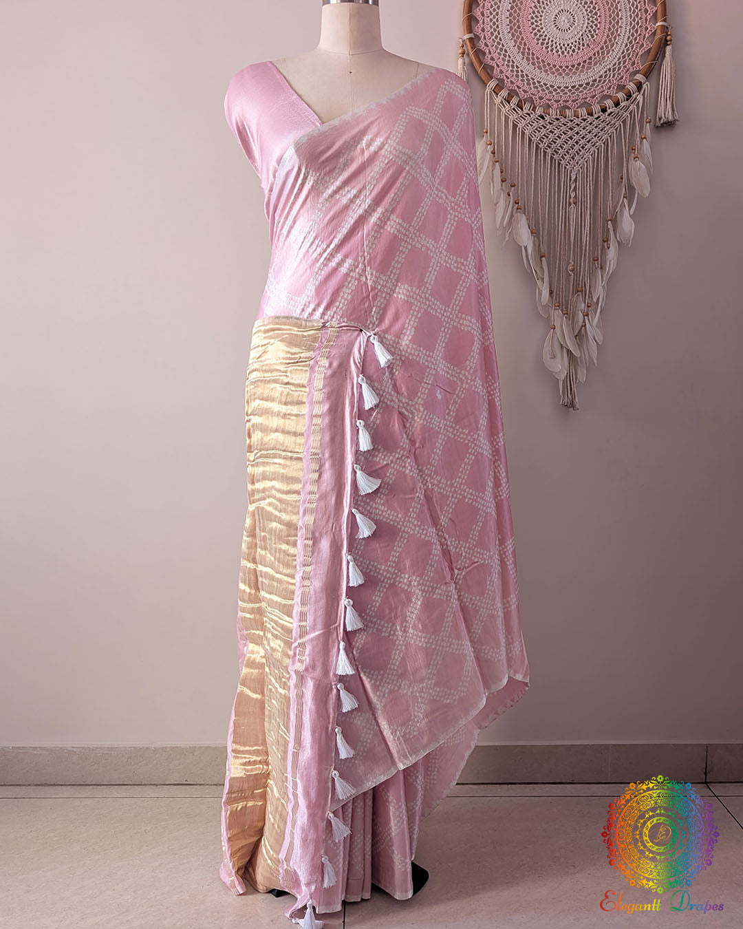 Powder Pink Pure Gajji Silk Bandhani Saree side drape view