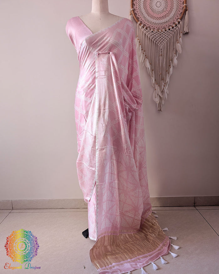 Powder Pink Pure Gajji Silk Bandhani Saree front drape view