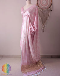 Powder Pink Pure Gajji Silk Bandhani Saree drape highlighting the palla