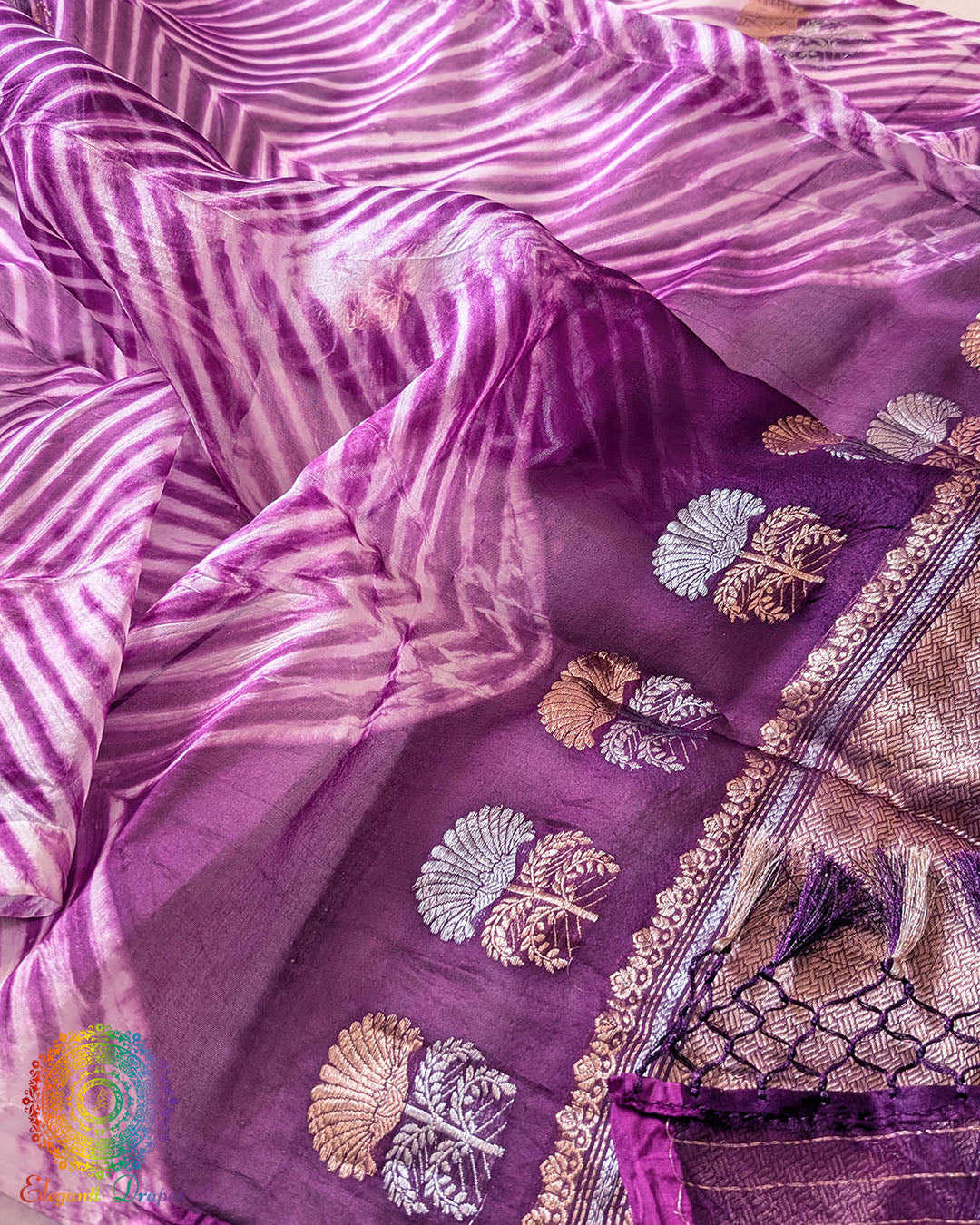 Close-up of Arashi Shibori detailing on Purple Banarasi Kora Silk Dupatta
