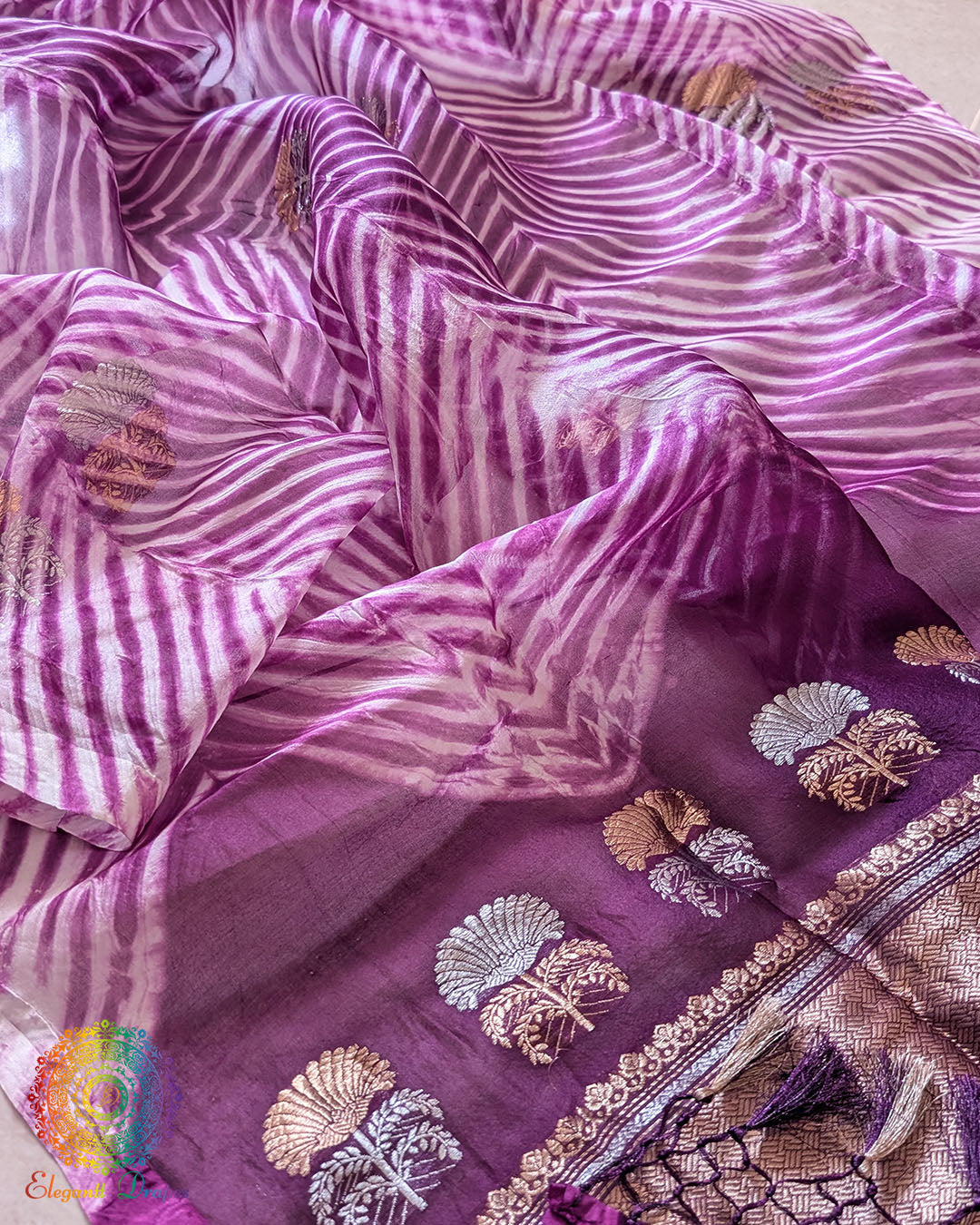 Close-up of Banarasi Handloom weave on Purple Kora Silk Dupatta