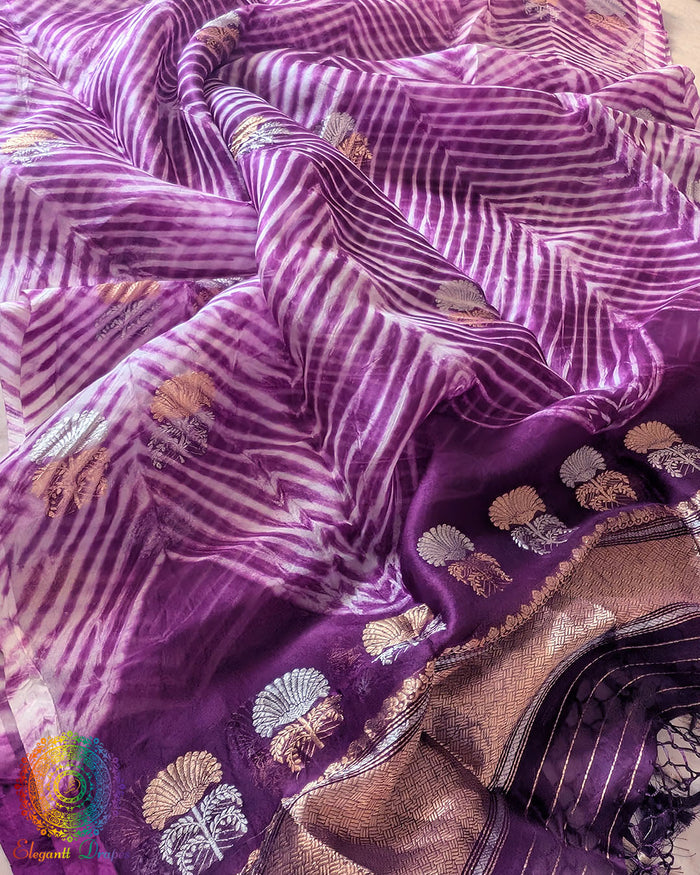 Purple Banarasi Handloom Kora Silk Arashi Shibori Dupatta full view