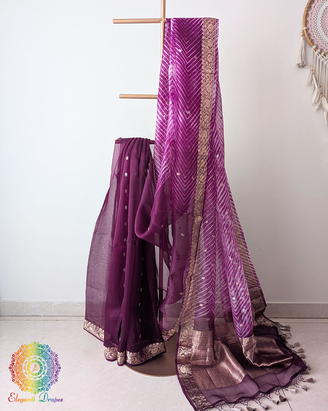 Purple Banarasi Kora Silk Saree folded Pallu drape with Kadhuwa weave
