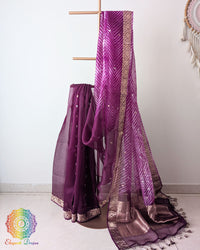 Purple Banarasi Kora Silk Saree folded Pallu drape with Kadhuwa weave