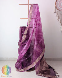 Purple Banarasi Handloom Kora Silk Leheriya Saree draped view