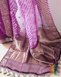 Close-up of Leheriya Pallu and Banarasi Zari Border on Purple Kora Silk Saree
