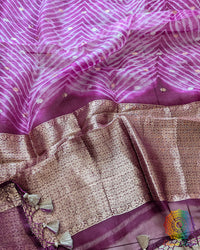 Purple Leheriya Pallu on Banarasi Handloom Kora Silk Saree