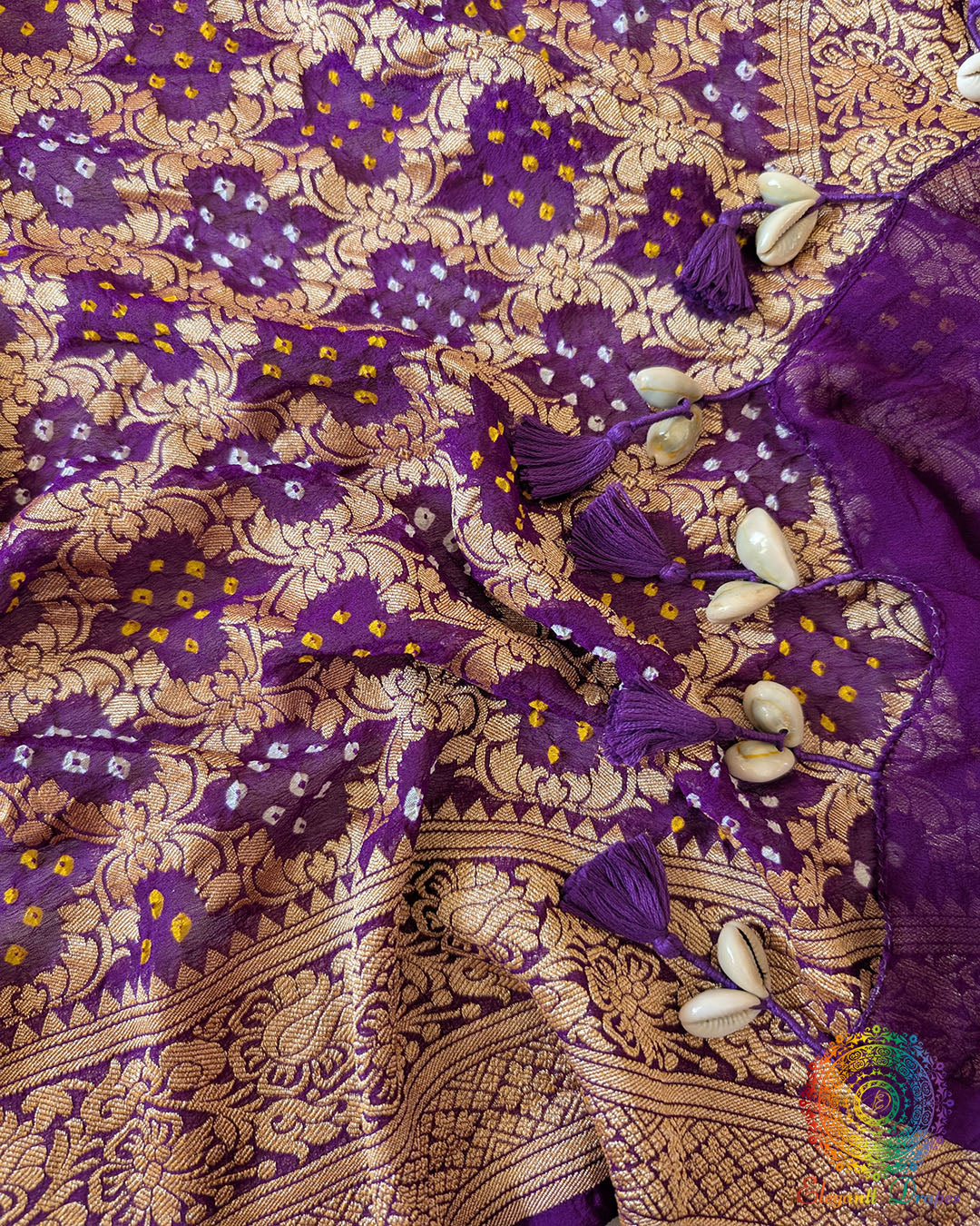Kodi tassels on Purple Banarasi Georgette Gharchola Bandhani Dupatta