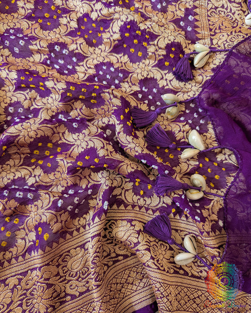 Kodi tassels on Purple Banarasi Georgette Gharchola Bandhani Dupatta