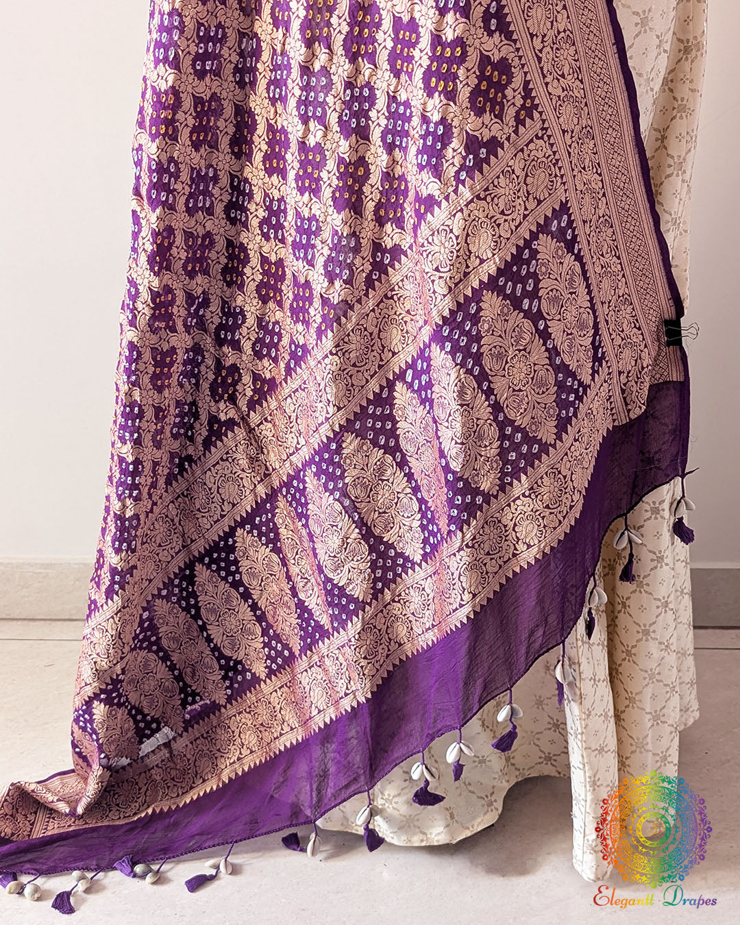 Close-up of Gharchola and Bandhani detailing on Purple Banarasi Georgette Dupatta