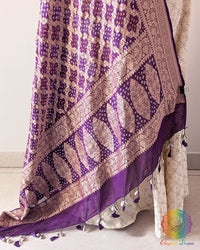 Close-up of Gharchola and Bandhani detailing on Purple Banarasi Georgette Dupatta