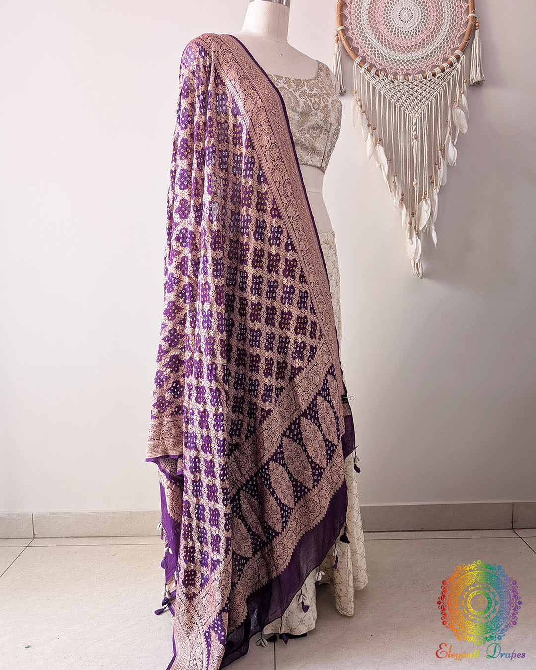 Purple Banarasi Georgette Gharchola Bandhani Dupatta side drape view