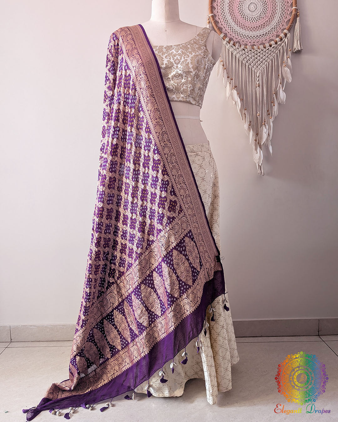 Purple Banarasi Georgette Gharchola Bandhani Dupatta front drape view