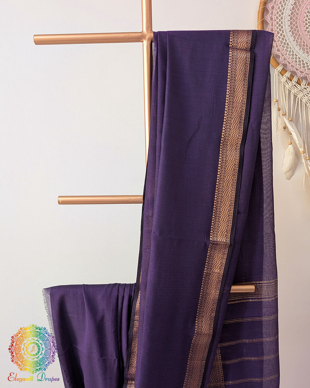 Purple Bengal cotton saree body close up highlighting fabric texture with zari border detail