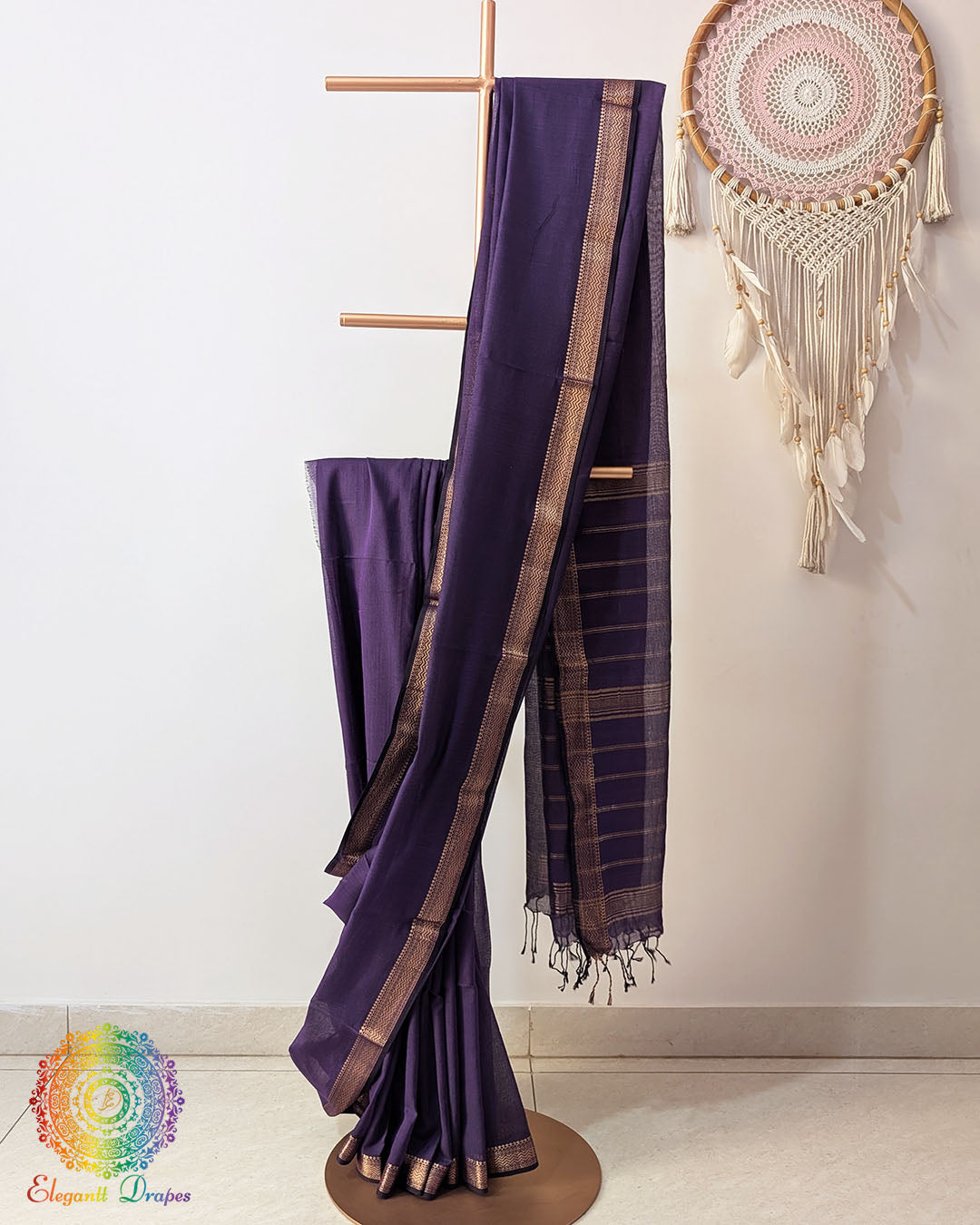 Purple Bengal cotton saree with zari border on mannequin showing full drape