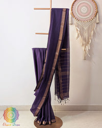 Purple Bengal cotton saree with zari border on mannequin showing full drape