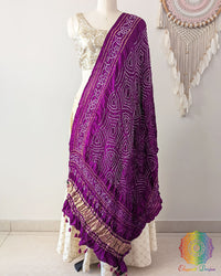 Plum purple gaji silk bandhani dupatta traditional tie and dye Elegantt Drapes