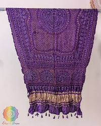 Close up of deep purple bandhani gaji silk dupatta showing tie dye detail