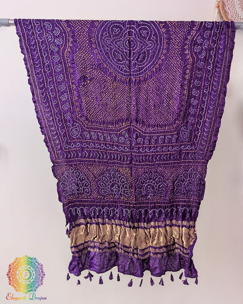 Close up of deep purple bandhani gaji silk dupatta showing tie dye detail