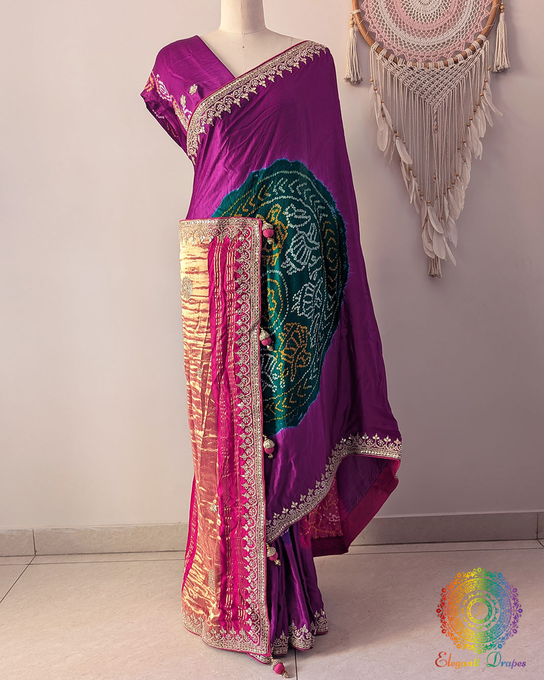 Magenta gaji silk Rasmandal saree on mannequin showing full drape and gota patti border work