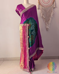 Magenta gaji silk Rasmandal saree on mannequin showing full drape and gota patti border work