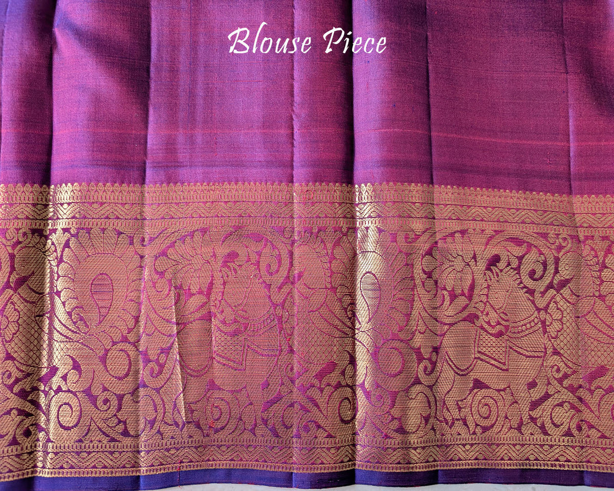Matching blouse piece of the Purple Pure Kanjivaram Silk Saree with coordinated 1-Gram Gold Zari detailing