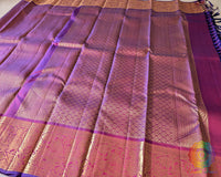 Intricately woven pallu of the Purple Pure Kanjivaram Silk Saree featuring authentic 1-Gram Gold Zari craftsmanship