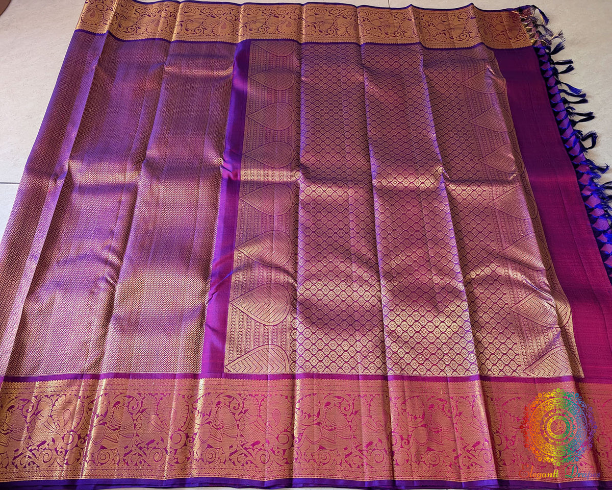 Purple Pure Kanjivaram Silk Saree with 1-Gram Gold Zari showcasing its elegant drape and luxurious silk texture